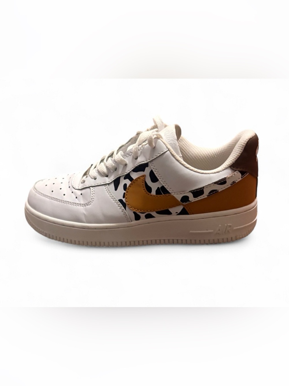 Nike White Sneakers with Mustard Swoosh and Black-White Animal Print